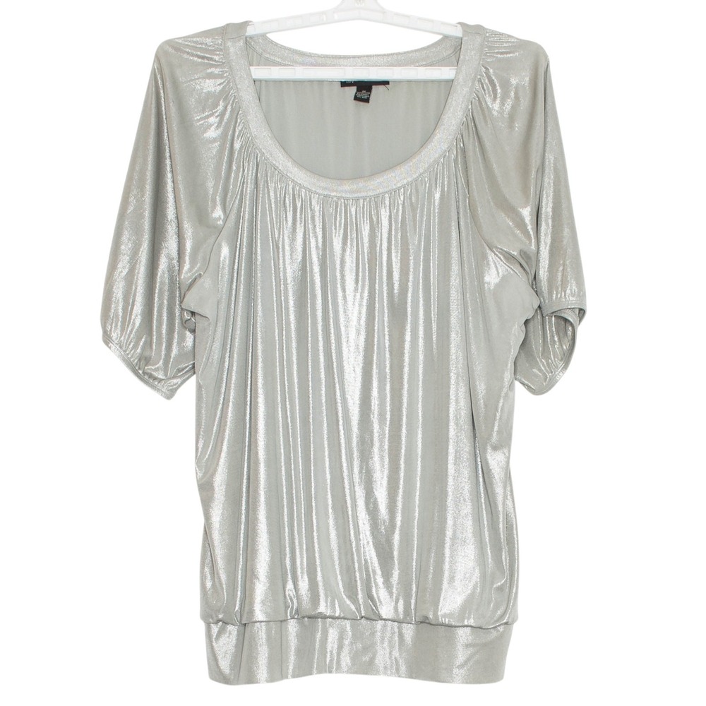INC Top Shimmer Metallic Silver Plus Size 3X Slinky Stretch Blouson Y2K Disco‎